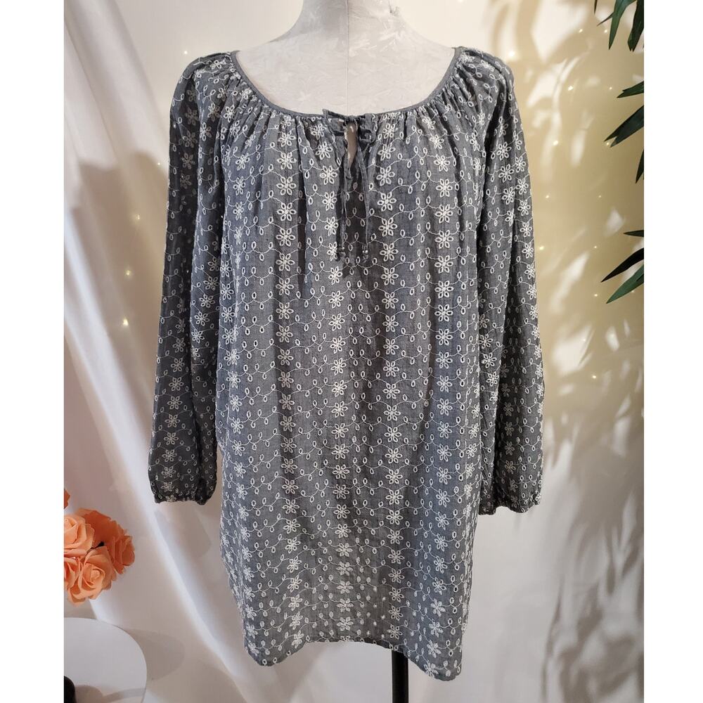 Ralph Lauren Chaps Sheer Eyelet 3/4 Sleeve Peasant Top Size L Tie Neck Cottage